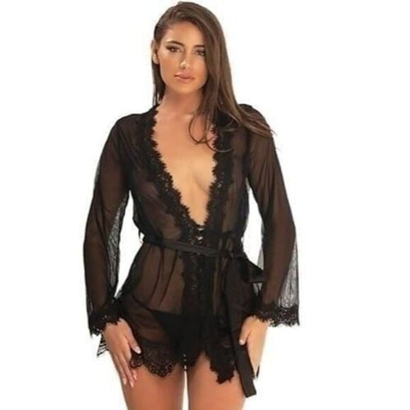 Oh La La Cheri Black Eyelash Lace Robe Set Belted Tie Lingerie - Picture 1 of 11